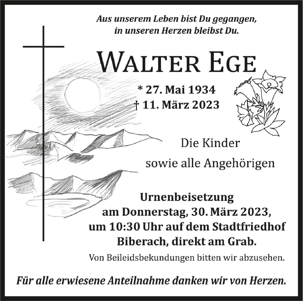  Traueranzeige für Walter Ege vom 25.03.2023 aus Schwäbische Zeitung
