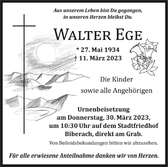 Anzeige von Walter Ege von Schwäbische Zeitung