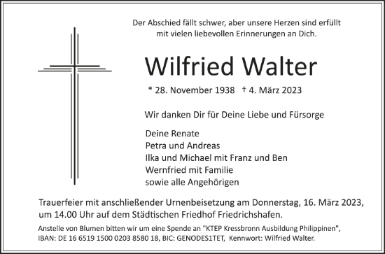Anzeige von Wilfried Walter von Schwäbische Zeitung