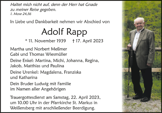 Anzeige von Adolf Rapp von Schwäbische Zeitung