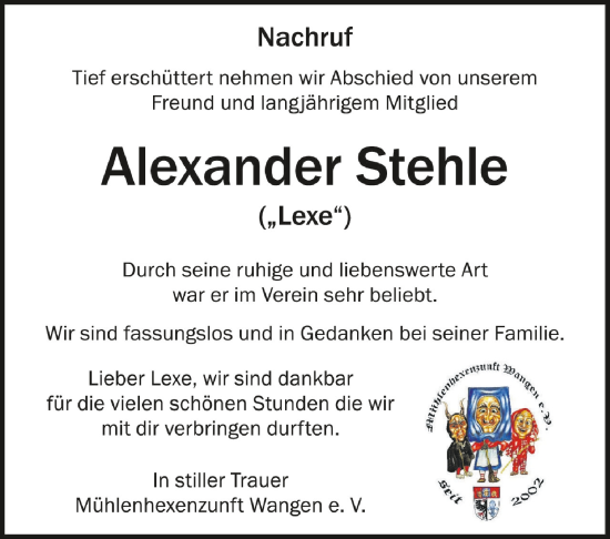 Anzeige von Alexander Stehle von Schwäbische Zeitung