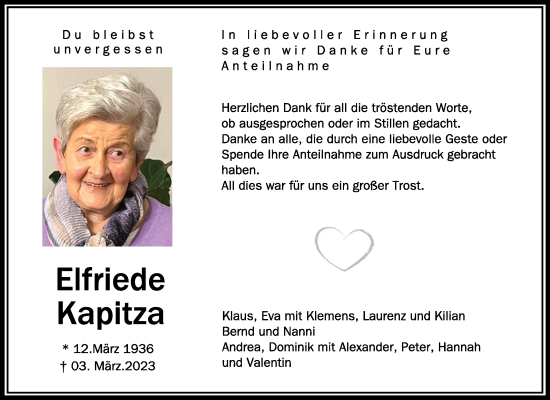 Anzeige von Elfriede Kapitza von Schwäbische Zeitung