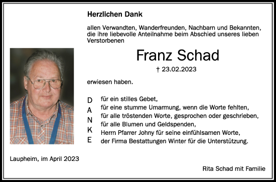 Anzeige von Franz Schad von Schwäbische Zeitung