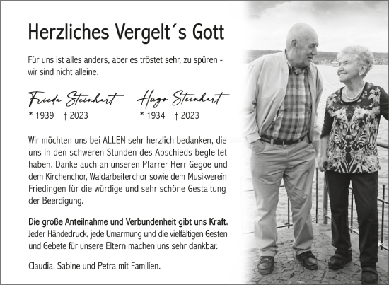 Anzeige von Frieda und Hugo Steinhart von Schwäbische Zeitung
