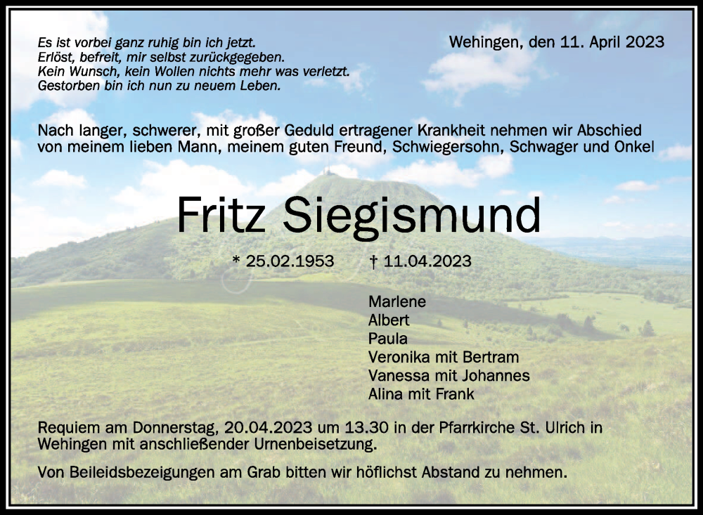  Traueranzeige für Fritz Siegismund vom 18.04.2023 aus Schwäbische Zeitung