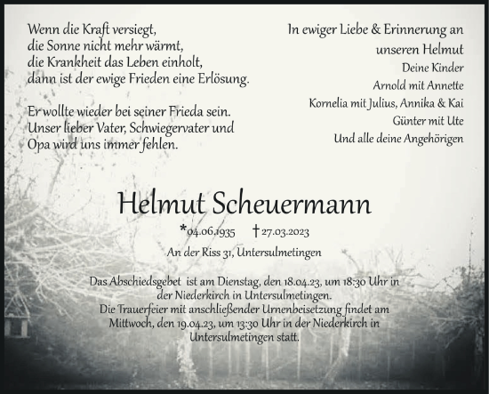 Anzeige von Helmut Scheuermann von Schwäbische Zeitung