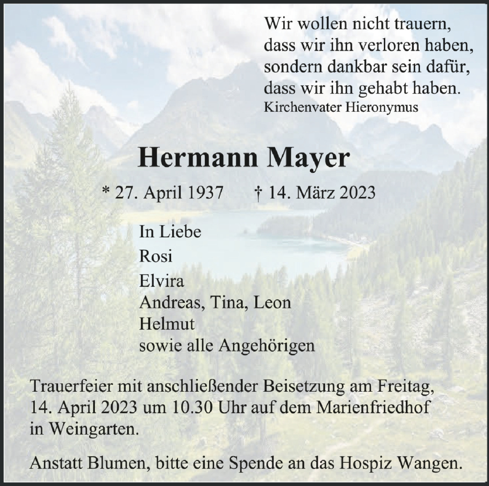  Traueranzeige für Hermann Mayer vom 08.04.2023 aus Schwäbische Zeitung