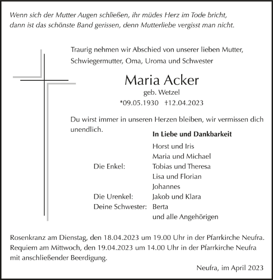 Anzeige von Maria Acker von Schwäbische Zeitung