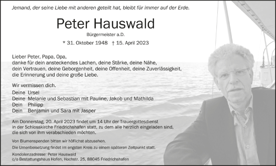 Anzeige von Peter Hauswald von Schwäbische Zeitung