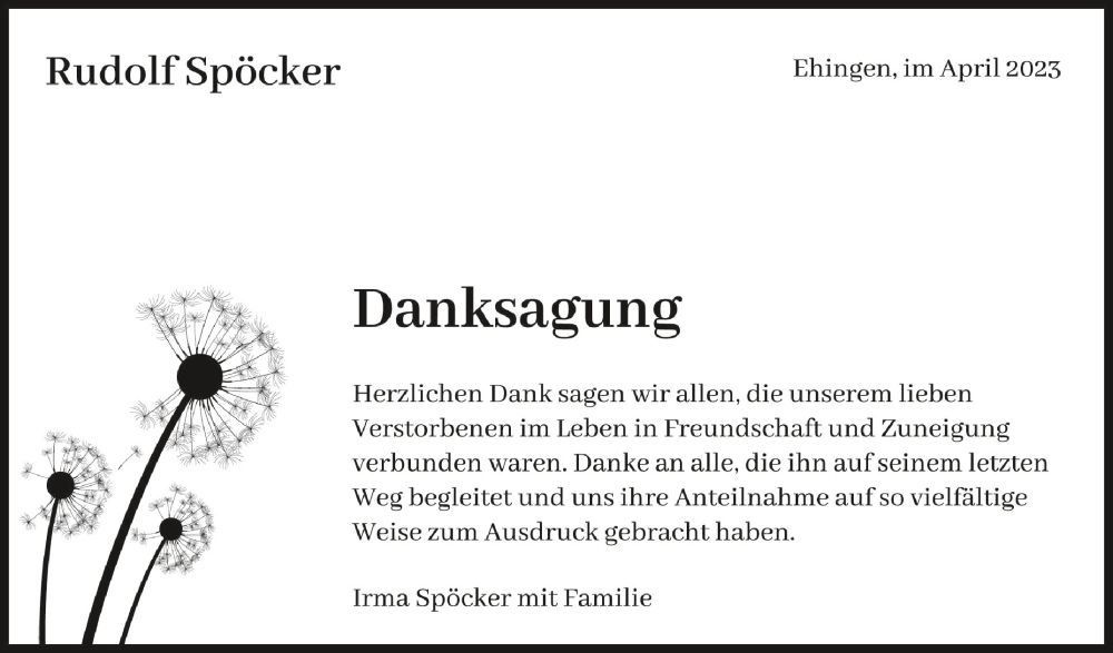  Traueranzeige für Rudolf Spöcker vom 19.04.2023 aus Schwäbische Zeitung