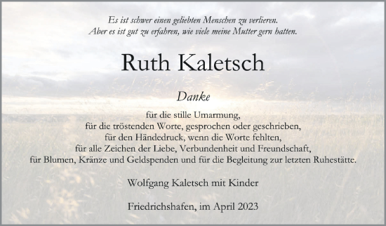 Anzeige von Ruth Kaletsch von Schwäbische Zeitung