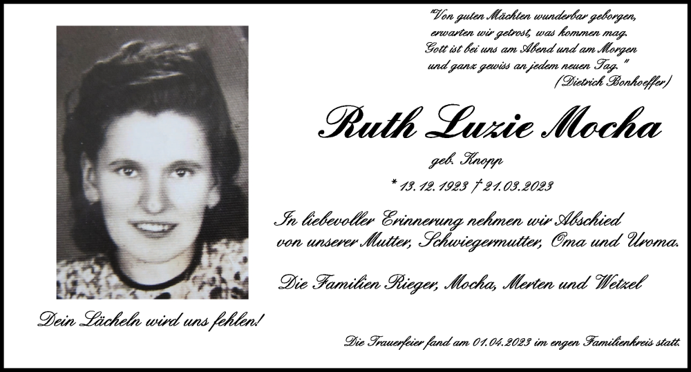  Traueranzeige für ruth Mocha vom 07.04.2023 aus Schwäbische Zeitung