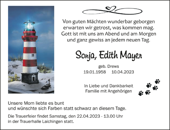 Anzeige von Sonja Edith Mayer von Schwäbische Zeitung