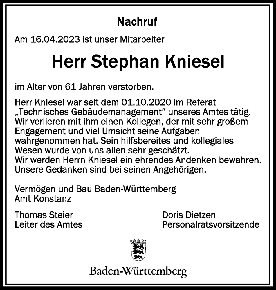  Traueranzeige für Stephan Kniesel vom 28.04.2023 aus Schwäbische Zeitung