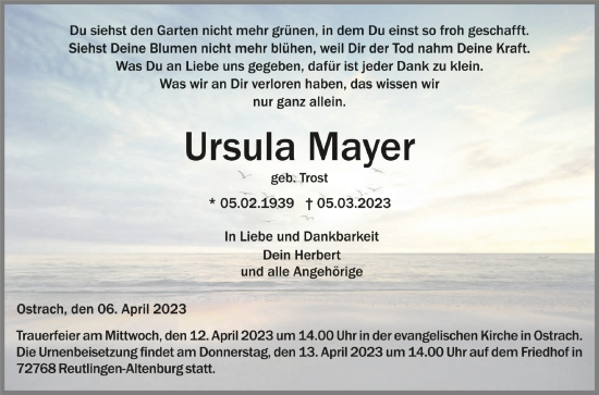 Anzeige von Ursula Mayer von Schwäbische Zeitung