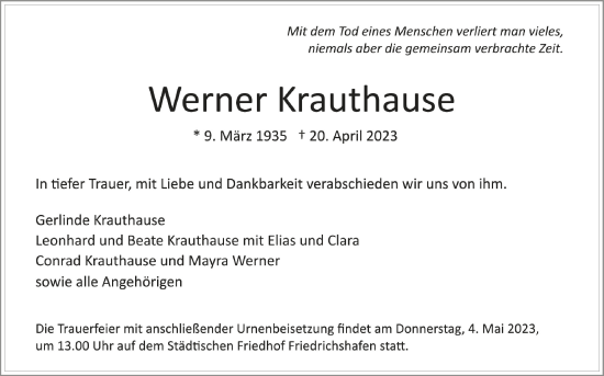 Anzeige von Werner Krauthause von Schwäbische Zeitung