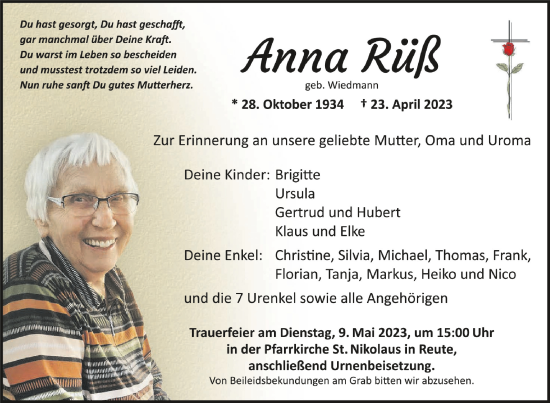 Anzeige von Anna Rüß von Schwäbische Zeitung
