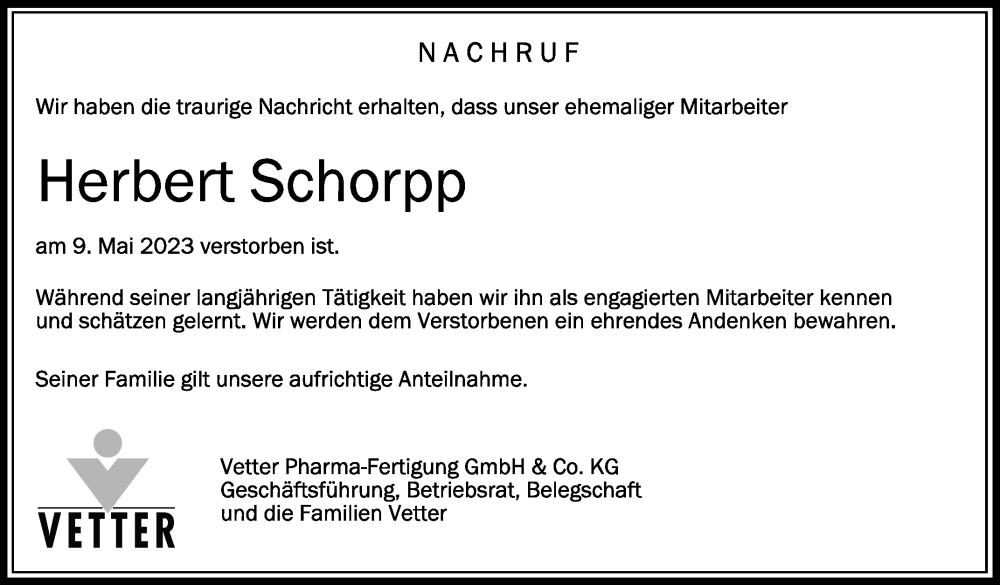  Traueranzeige für Herbert Schorpp vom 23.05.2023 aus Schwäbische Zeitung