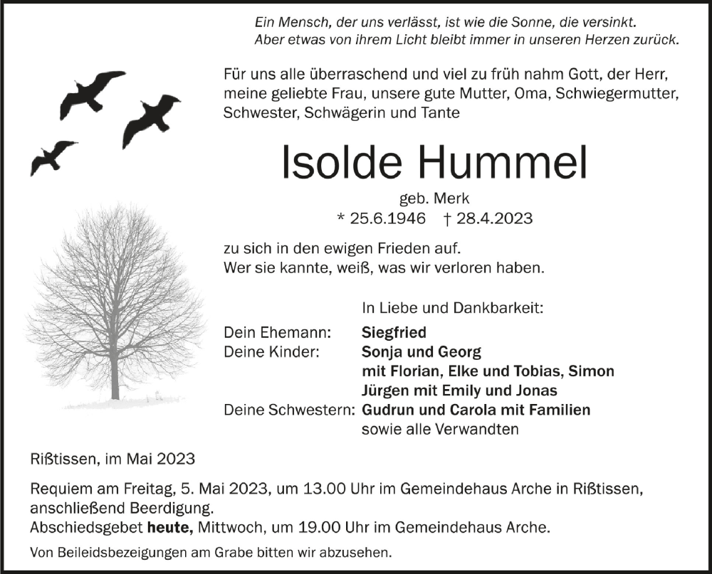  Traueranzeige für Isolde Hummel vom 03.05.2023 aus Schwäbische Zeitung