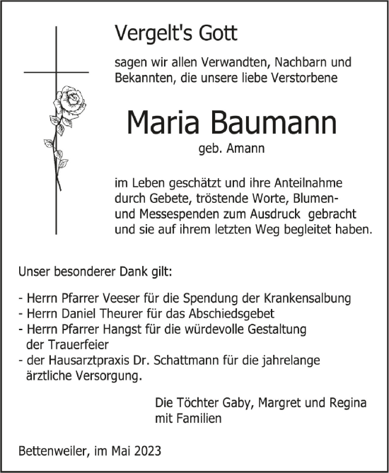 Anzeige von Maria Baumann von Schwäbische Zeitung