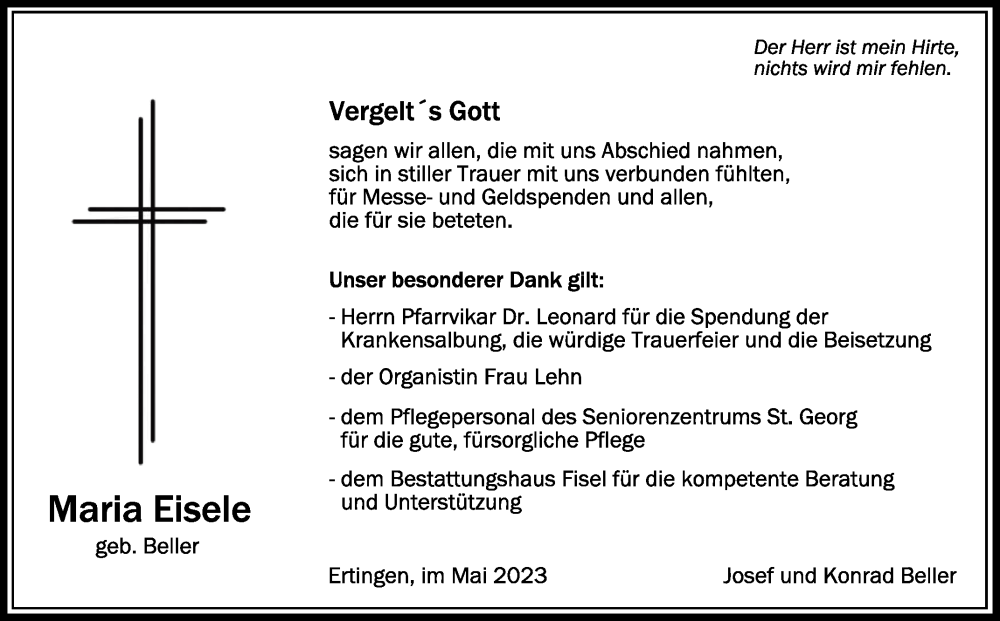  Traueranzeige für Maria Eisele vom 06.05.2023 aus Schwäbische Zeitung