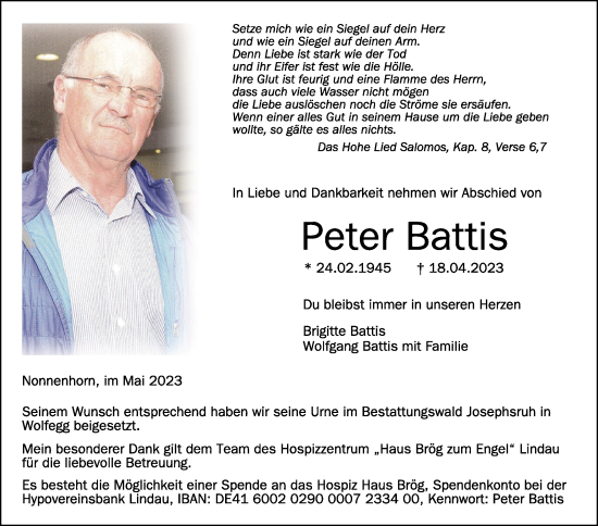 Anzeige von Peter Battis von Schwäbische Zeitung