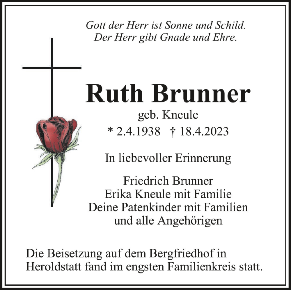  Traueranzeige für Ruth Brunner vom 06.05.2023 aus Schwäbische Zeitung