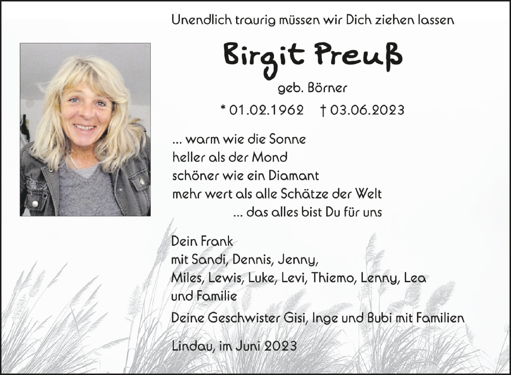  Traueranzeige für Birgit Preuß vom 17.06.2023 aus Schwäbische Zeitung