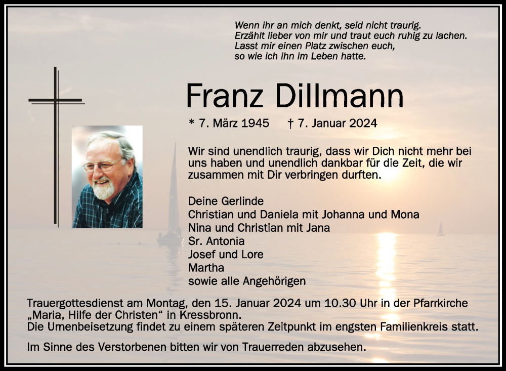  Traueranzeige für Franz Dillmann vom 11.01.2024 aus Schwäbische Zeitung
