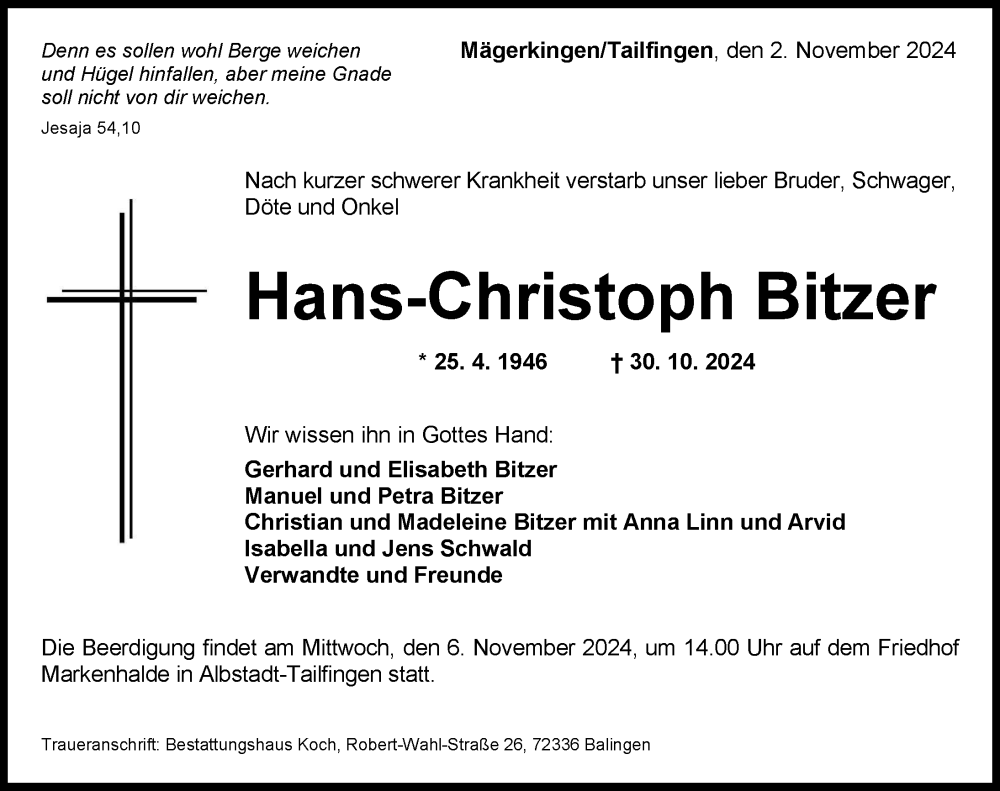  Traueranzeige für Hans-Christoph Bitzer vom 02.11.2024 aus Balingen