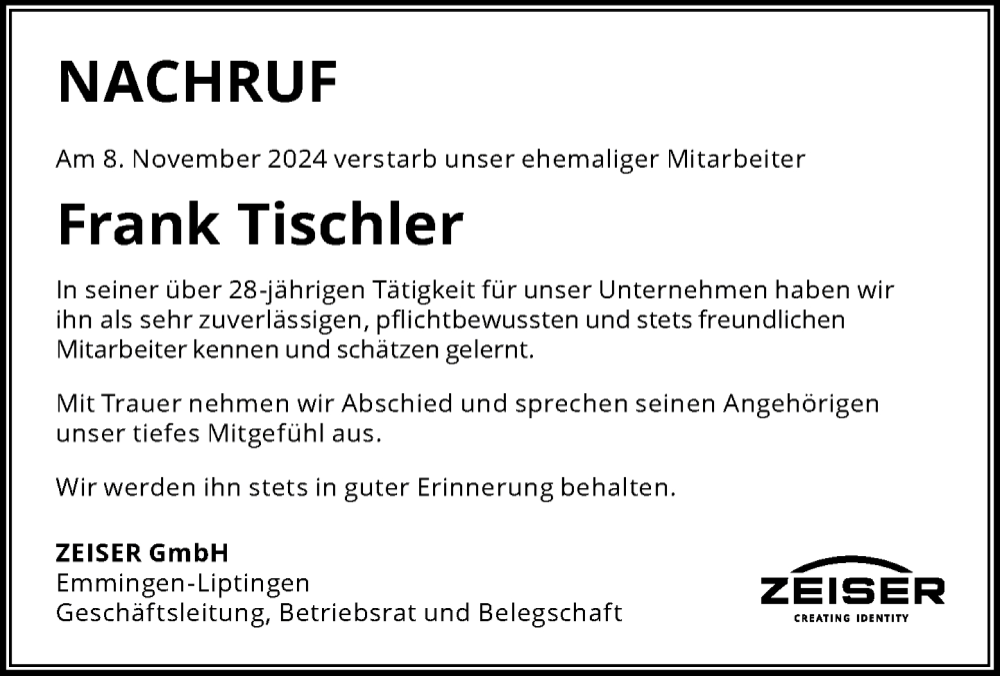  Traueranzeige für Frank Tischler vom 07.12.2024 aus Tuttlingen, Spaichingen, Trossingen