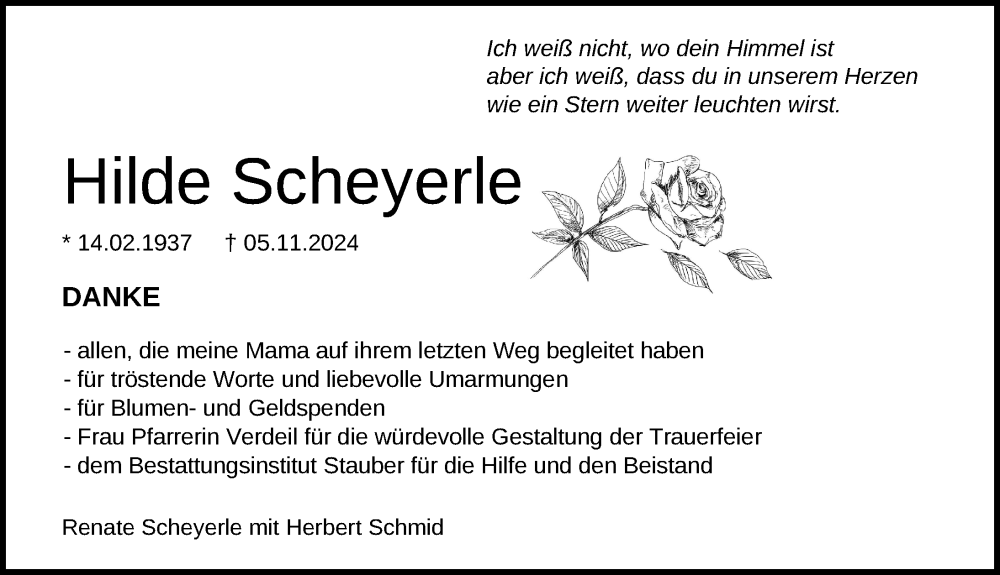  Traueranzeige für Hilde Scheyerle vom 30.11.2024 aus Wangen