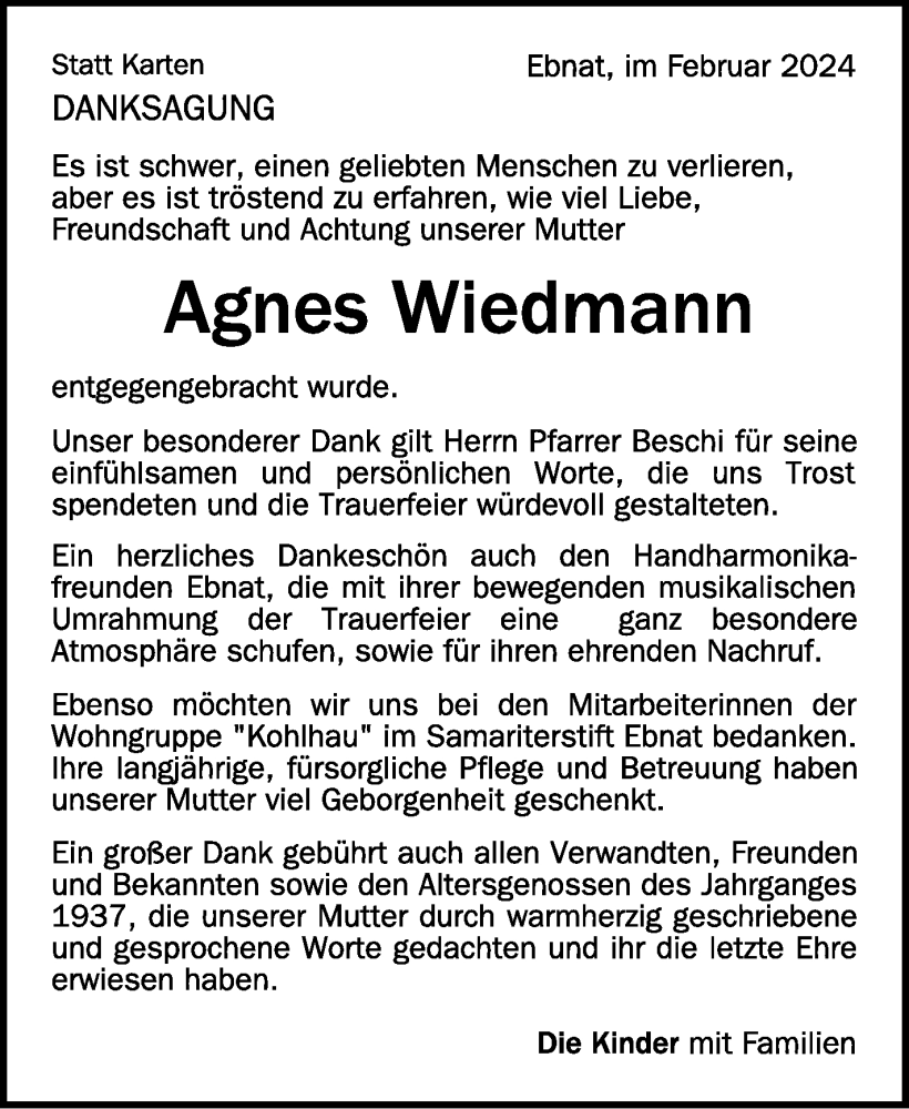  Traueranzeige für Agnes Wiedmann vom 17.02.2024 aus Schwäbische Zeitung