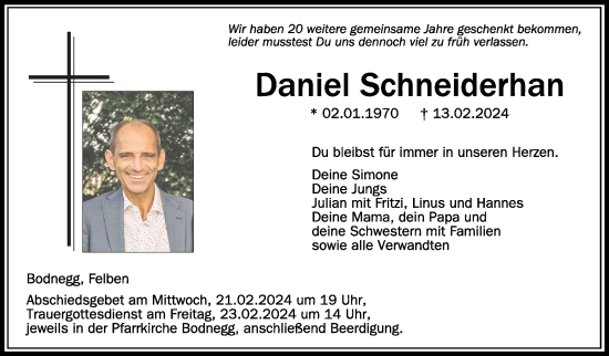 Anzeige von Daniel Schneiderhan von Schwäbische Zeitung