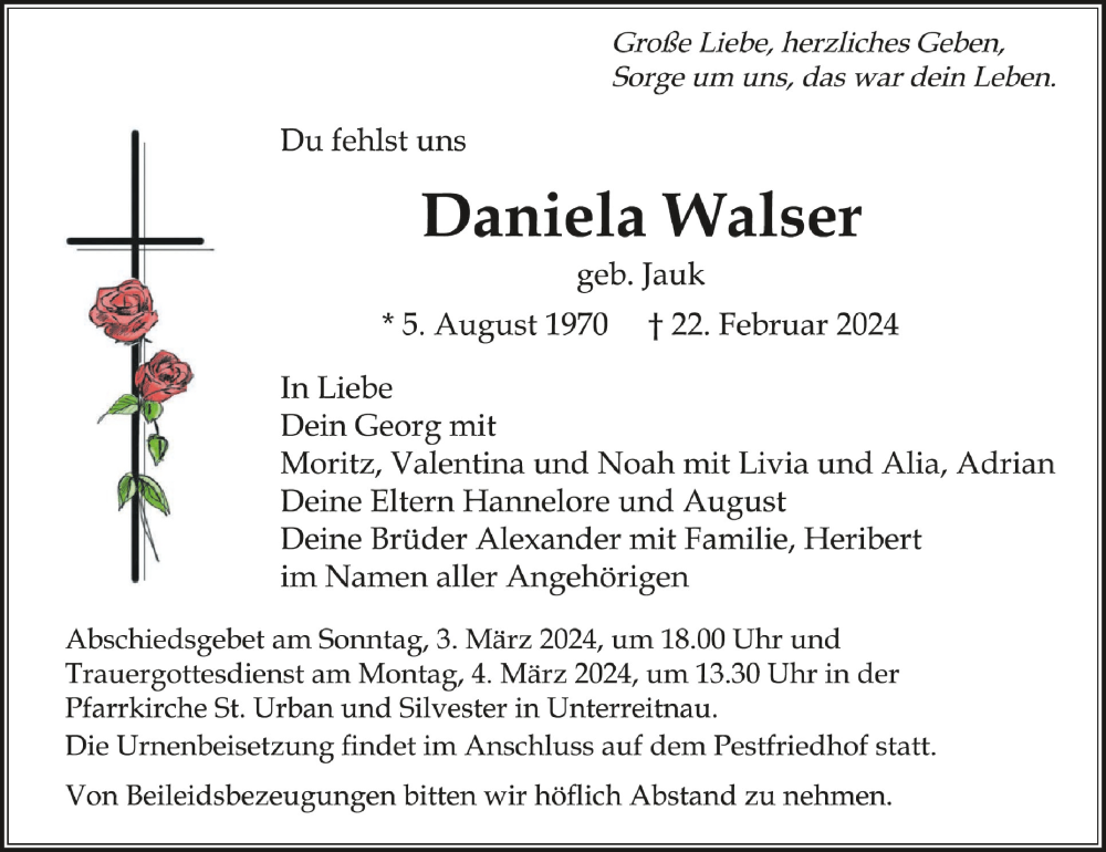  Traueranzeige für Daniela Walser vom 28.02.2024 aus Schwäbische Zeitung