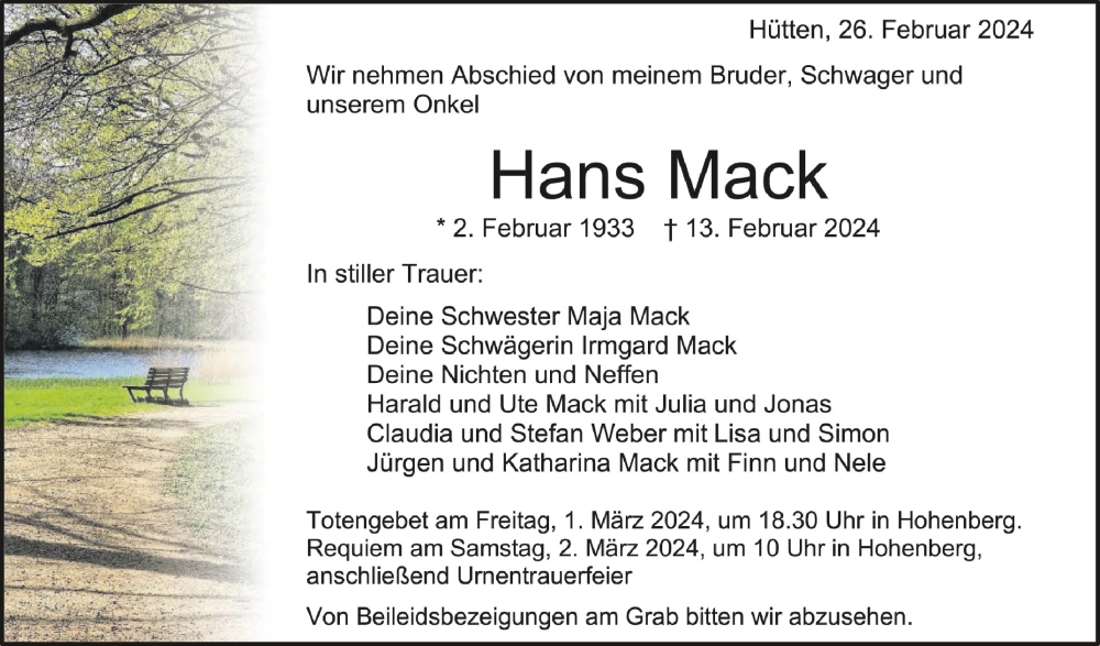  Traueranzeige für Hans Mack vom 26.02.2024 aus Schwäbische Zeitung