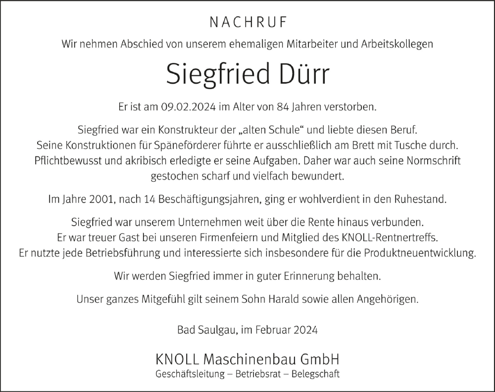  Traueranzeige für Siegfried Dürr vom 24.02.2024 aus Schwäbische Zeitung
