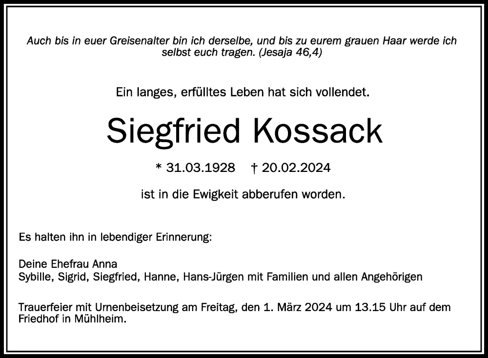 Traueranzeige für Siegfried Kossack vom 24.02.2024 aus Schwäbische Zeitung