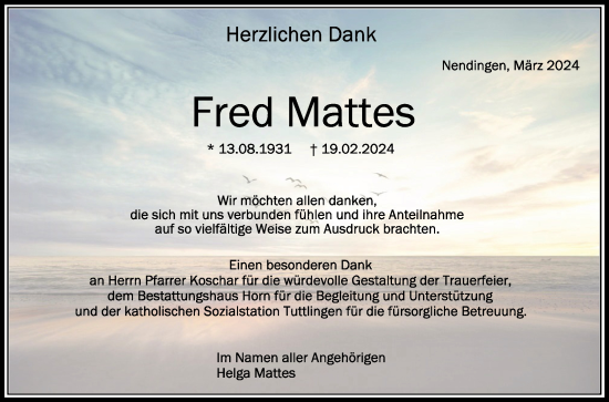 Anzeige von Fred Mattes von Schwäbische Zeitung