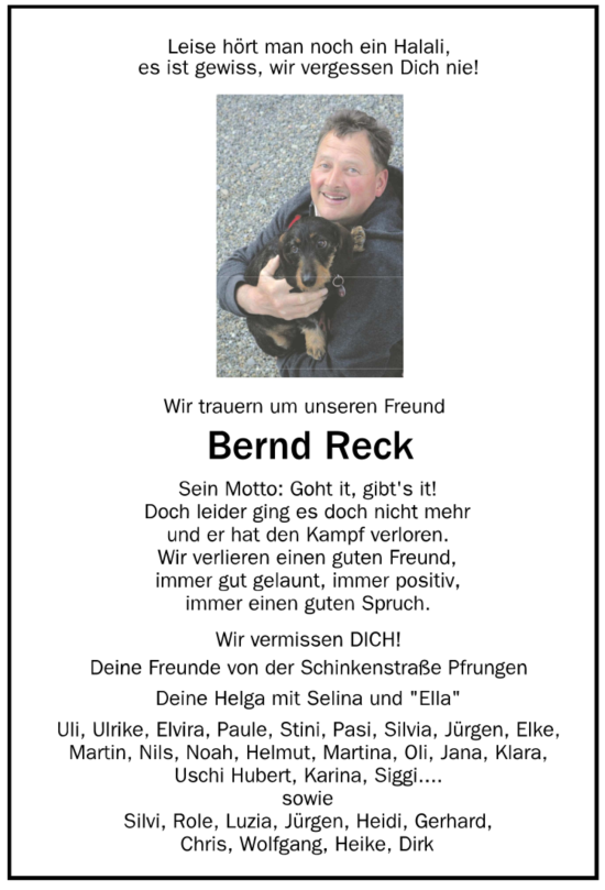 Anzeige von Bernd Reck von Schwäbische Zeitung