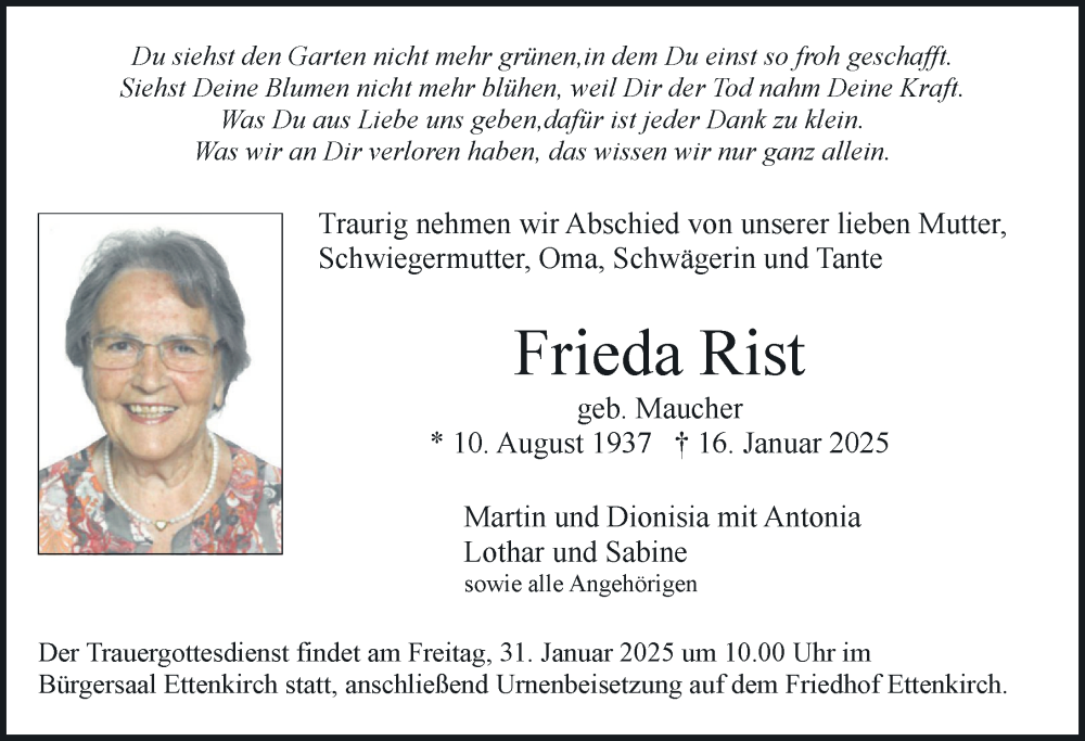  Traueranzeige für Frieda Rist vom 25.01.2025 aus Friedrichshafen