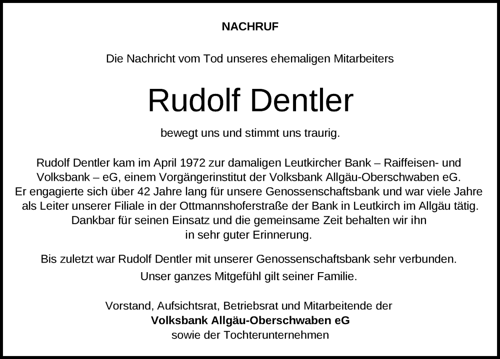  Traueranzeige für Rudolf Dentler vom 25.01.2025 aus Leutkirch