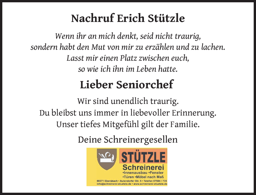  Traueranzeige für Erich Stützle vom 15.02.2025 aus Bad Saulgau
