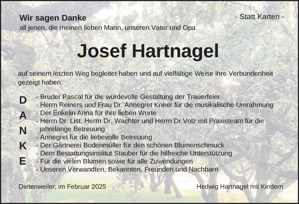  Traueranzeige für Josef Hartnagel vom 15.02.2025 aus Wangen