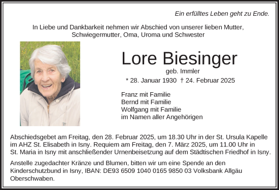 Anzeige von Lore Biesinger von Leutkirch