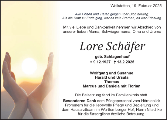 Anzeige von Lore Schäfer von Balingen