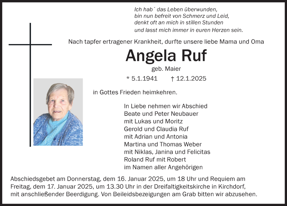  Traueranzeige für Angela Ruf vom 15.01.2025 aus Biberach