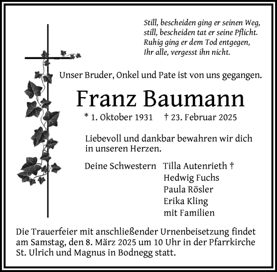 Anzeige von Franz Baumann von Ravensburg