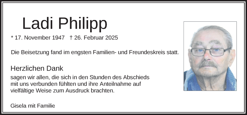  Traueranzeige für Ladi Philipp vom 15.03.2025 aus Leutkirch