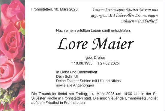 Anzeige von Lore Maier von Balingen